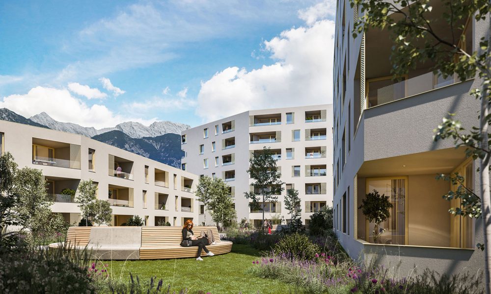 Visualisierung Innenhof mit Blick auf Fassaden Wohnprojekt Stadt Carré in Innsbruck