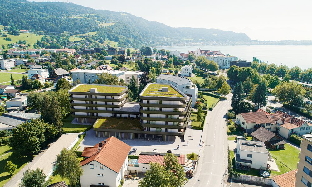 Visualisierung Luftaufnahme ZIMA Wohnprojekt Bäumle in Lochau mit Umgebung am Bodensee
