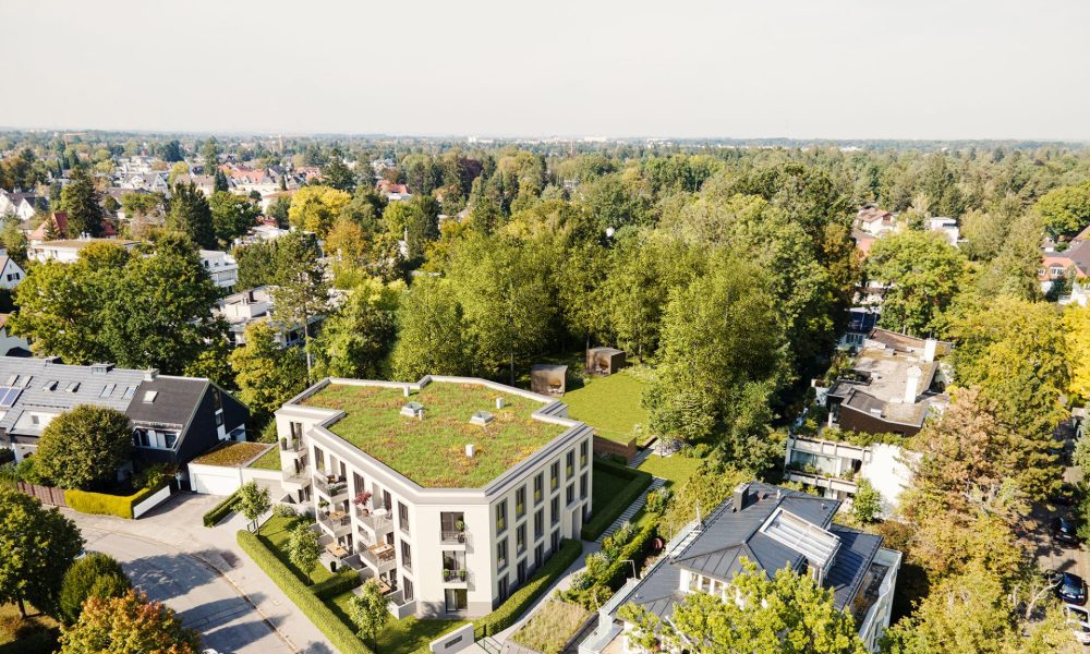 Vogelperspektive auf Straßenseitige Außenansicht Wohnprojekt Fasanengärten mit privater Parkanlage in München-Obermenzing