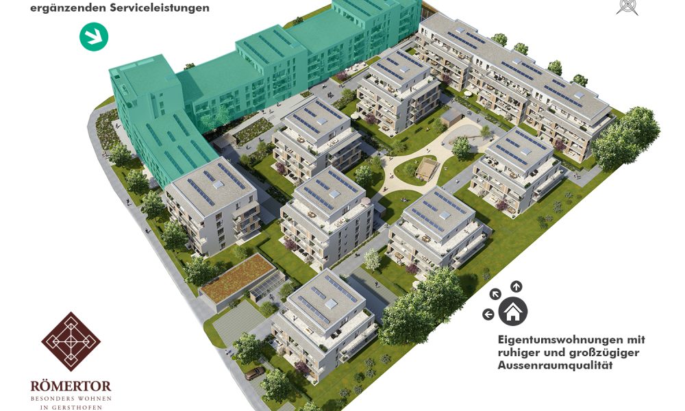 Visualisierung Gebäudeübersicht Projekt Römertor mit gekennzeichneten Baukörpern des Johanniter-Quartiers