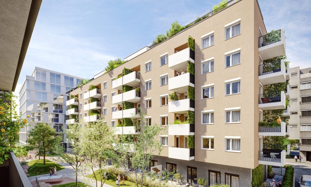Außenvisualisierung Mietwohnungen Fassaden und Balkone ÖSW Attemsgasse 42 in Wien mit