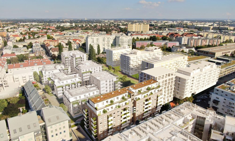 Luftaufnahme Visualisierung ZIMA Wien und ÖSW Wohnprojekt mit Umgebung in Wien-Donaustadt