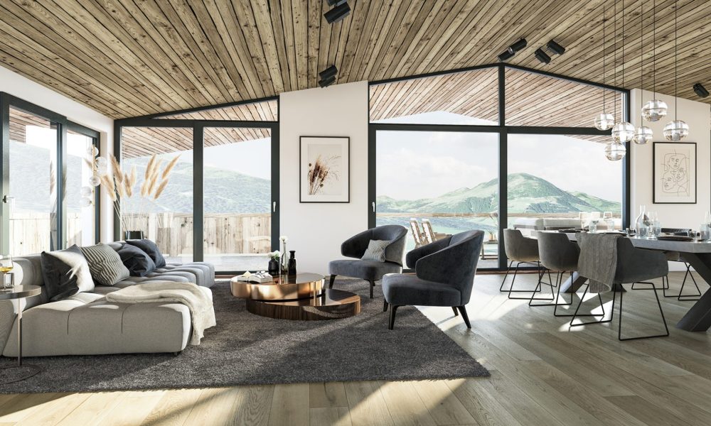 Innenvisualisierung Wohnbereich Dachgeschosswohnung das Lutzenberg in Kitzbühel mit stilvollen Holzelementen