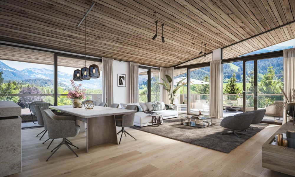 Innenvisualisierung Wohnbereich Eigentumswohnungen das Lutzenberg in Kitzbühel mit stilvollen Holzelementen