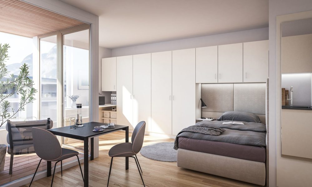 Visualisierung innen vollmöbliertes Micro-Apartment mit Blick auf Balkon