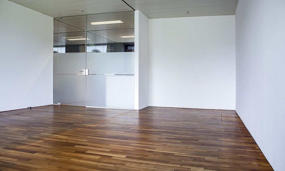 Moderne Büroräume im element, Glastrennwände, Holzboden